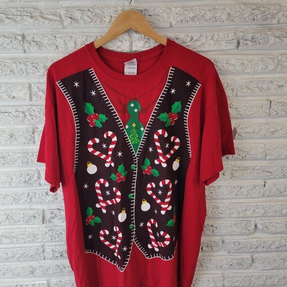 Christmas Womens Top Extra Large Tee Short Sleeve Holiday Red Candy Cane NOV152E - Picture 3 of 8